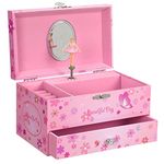 SONGMICS Ballerina Music Jewelry Box Storage Case with Drawer, Gift for Little Girls, 7.5”L x 4.3”W x 4.3”H, Pink