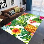 Botanical Floral Print Rug, Large Living Room Rug Flannel Sponge Soft Floor Mat with 3D Tropical Green Leaf Pineapple Lemon Pattern Rug Short Pile Kitchen Non-slip Floor Mat (Pink,160x200 cm)