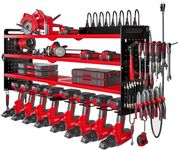 NattyDot Power Tool Organizer Wall Mount with Charging Station,Cordless Tool Organizer 8 Drill Holder, 4 Layer Storage Rack for Garage Organization,Tool Holder with 8 Outlet Power Strip(Red)