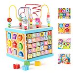 Wondertoys Wooden 5 in 1 Multipurpose ABC-123 Abacus Bead Maze Shape Sorter baby Activity Cube Toy