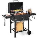 HAPPYGRILL Charcoal Grill Outdoor BBQ Grill with 2 Foldable Side Tables, 8 Hooks, Storage Shelf, 2 Wheels, Flame Control, Heavy Duty Cooking Grill for Picnic Party Camping Backyard Patio