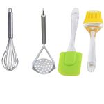 PROSAC Kitchen Combo of Stainless Steel Potato Vegetable Masher | Silicone Spatula & Oil Brush | Egg Whisker(Multicolor)