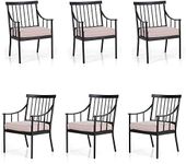 PHI VILLA Outdoor Metal Steel Dining Chairs with Cushion, Black Heavy-Duty Weatherproof Armchairs for Patio, Deck, Yard - Set of 6