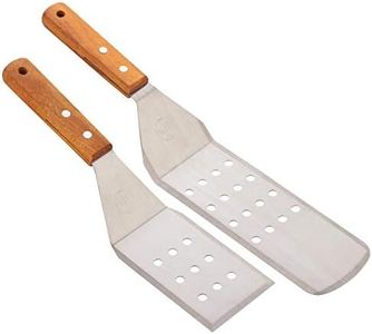 POPCO Set of 2 Wood Handle Heavy Duty Stainless Steel Restaurant Hamburger BBQ Grill Turners Spatulas