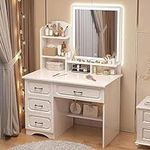 Makeup Vanity with Mirror and Lights, Assembled Vanity Set with Led Mirror and Stool, Vanity Desk Makeup Vanitys for Women Girls 4 Drawers Vanity Table for Bedroom Set, White