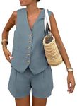 PRETTYGARDEN Two Piece Suits Set for Women Button Down V Neck Vest Sleeveless Tops and Pockets Shorts Trendy Summer Outfits (Grey Blue,Medium)