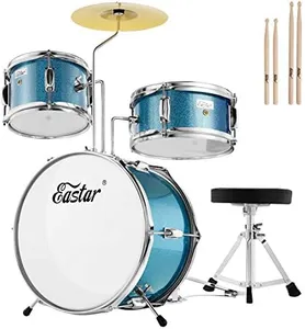 Kids Drum Set Eastar 3-Piece for Beginners, 14 inch Drum Kit with Adjustable Throne, Cymbal, Pedal & Two Pairs of Drumsticks, Junior Drum Set with Bass Tom Snare Drum, Metallic Sky Blue