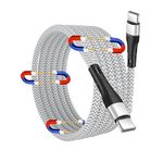 Magnetic Coiled Type C to Type C Cable, 65W / 3.1A Magnetic Coiled O-MagCable, Nylon Braided for Laptops and Smartphones, MagCable, PD Technology, QC 3.0 Fast Charging - 1.5m , Type C - Type C , White