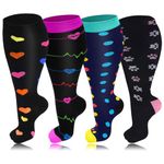 4 Pairs Plus Size Compression Socks for Women & Men, 20-30 mmHg Wide Calf Extra Large Knee High Compression Stockings for Circulation Support (4X-Large, 04-Black-Navy-Purple-Pink)