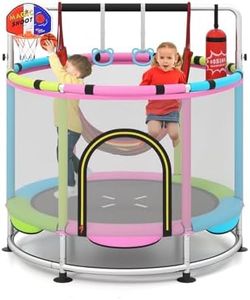 OLAKIDS 55" Trampoline for Kids, Indoor Outdoor Adjustable Toddler Trampoline with Safety Enclosure Net, Baby Recreational Play with Basketball Hoop Hammock Boxing Bag Gymnastic Bar Rings