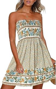 Women’s Summer Dresses Beach Cover ups Casual Vocation Strapless Boho Floral Swing Sundress (Flower Green,XL)