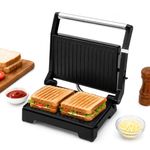 Longway Crisp Master 1000 W Multipurpose 180° Electric Grill Sandwich Maker | Auto Cut-Off | Non-stick Coating Cast Aluminum Plates | Adjustable Height Control & Floating Hinges - Metallic Silver