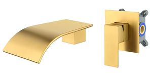 Modern Brushed Gold Wall Mount Bathtub Faucet Solid Brass,AUU Single Handle Waterfall Roman Tub Faucet Wall MountedRough in Valve Included (Brushed Gold, 4.72" Wide Spout)