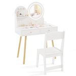 COSTWAY Kids Dressing Table, Girls Vanity Set with Stool, 2-Color LED Lights Mirror, Drawers, Storage Shelf and Hooks, Make Up Pretend Dresser Desk Chair Set
