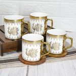 Femora Premium Peacock On White Design Ceramic Coffee & Tea Cup Set of 4, 180 ML