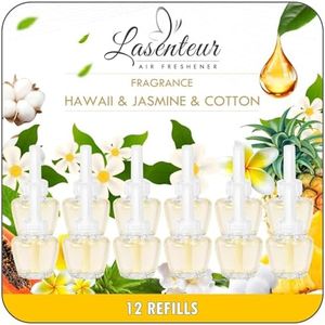 PlugIns Refills Air Freshener, Scented and Essential Oils for Home and Bathroom, Hawaiian, Jasmine, Cotton, Indoor Home Use, 12 Count, Compatible with Airwick, Glade
