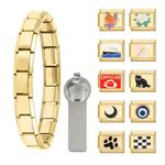 papasgix Italian Charm Bracelet Set with Starter Brascelet, Assorted Charms and Opening Tools, 9mm Modular Italian Charm Bracelet Links Handmade DIY Jewelry Valentine's Day Mother's Day BFF Gifts (12pcs Gold Boat)