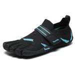 Barefoot Five Finger Sneakers for Women & Men, Flyknit Water Shoes for Trail Running, Hiking, Rock Climbing, Yoga, Fitness Training - Gym & Beach Footwear with Rubber Sole, Black/Blue, 6 Wide Women/5