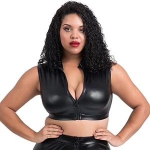 Lovehoney Lingerie Women's Fierce Collection Black Wet Look Zipper Up Crop Top - Stretchy Fabric with High Shine Leather Look - Medium (6-8)