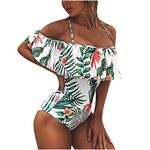 Women One Piece Swimsuit Sexy Off Shoulder Ruffle Monokini Leaves Print Tummy Control Bathing Suits Tankini Push-Up Padded Swimwear Beachwear Ladies Swimming Costumes UK Clearance White