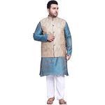 SOJANYA PLUS Men's Silk Blend Teal Blue Kurta & Beige Nehrujacket With White Pyjama Set
