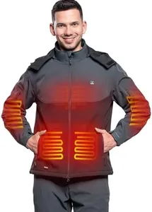 DEWBU Soft Shell Heated Jacket for Men with 12V Battery Pack and Detachable Hood Outdoor Electric Heating Coat, Black and Grey, M
