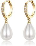 ITESSY Gold Pearl Earrings for Women, 925 9ct Gold Drop Earrings with Cubic Zirconia │ Hypoallergenic Teardrop Pearl Drop Dangle Earring │ Jewellery Gift for Women Girls