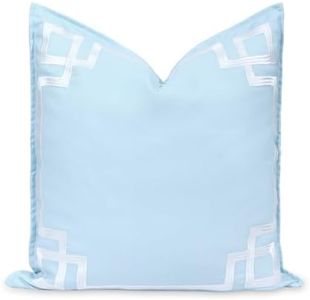 Hofdeco Premium Coastal Patio Indoor Outdoor Throw Pillow Cover Only, 20"x20" Water Repellent for Backyard, Couch, Baby Blue Embroidered Frame Greek Key