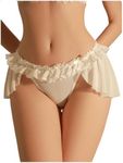 OYOANGLE Women's Lingerie Lace Ruffle Panties Bowknot Mid Waist Thongs Underwear White Large