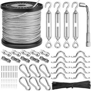 Ancectree String Light Hanging Kit，Guide Wire for Outdoor String Lights,Vinyl Coated Wire Rope/Cable Outdoor Light Guide Wire,Include 182fts 304 Stainless Steel Wire Cable, Turnbuckle and Hooks