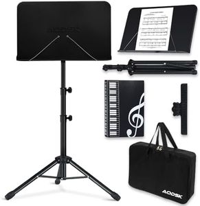 AODSK Sheet Music Stand,5 in 1 Dual-Use Folding Sheet Music Stand & Desktop Book Stand with Portable Carrying Bag & Music Sheet Clip Holder & Sheet Music Book(Black) (AS-M55)