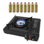 UTTAM Black Portable Camping Stove with Cary Case | EN417 Compliant Camping Portable Stove | Camping Stove with Automatic Ignition & Heat Control (Stove + 8 Butane Cannister)