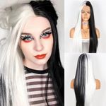 SAPPHIREWIGS Half Black Half White Wigs Long Straight Cruella Wig Synthetic Lace Front Wig for Women Heat Resistant Fiber Wig for Daily Cosplay Makeup Use 26inch…