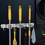 CANWAY Stainless Steel 3 Racks With 4 Hooks Heavy Duty Wall Mounted Broom And Mop Stick Holder, Hanging Shelves Tools For Home Kitchen Garden Laundry Garage (1 Piece)