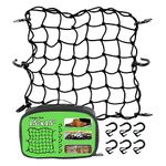 15"x15" Universal Truck Bed Net Black Latex Bungee Cargo Net Extends to 30"x30" with 6 Adjustable Hooks & Tight 2"x2" Mesh