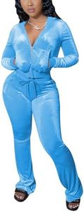 Chatinction Women's 2 Piece Outfit Velour Zip Up Crop Hooded Jacket and Bell Bottoms Long Pants with Pockets Tracksuit Set Sky Blue XL