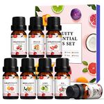 Fruity Essential Oils Set 8x10ml-Coconut, Cranberry, Grapefruit, Strawberry, Peach, Bergamot, Lime, Fig Essential Oil, Pure Aromatherapy Fragrance Oils Gift Set for Diffusers and Home, Candle Making