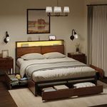 HAUSOURCE Queen Bed Frame with Storage Headboard and 4 Drawers LED Lights Metal Platform Non-Slip Without Noise Mattress Foundation Strong Metal Slats Support No Box Spring Needed