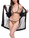 Xs and Os Women's Robe with Bikini Bra Panty Lingerie Set (Free Size, Black, Gold)