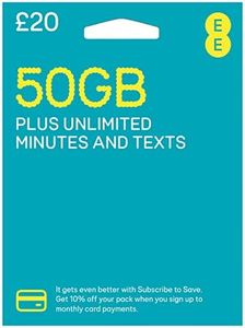 EE SIM Card UK PAYG £20 Bundle - 30GB + 20GB FREE DATA + Unltd Texts & Mins + International Calling Option - (Love2surf RETAIL PACK)