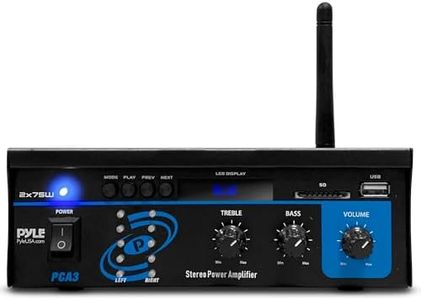 Pyle Powerful Mini Stereo Amplifier System – 2x75W Compact 2 Channel Audio Receiver w/LED Display, 40Ft. Wireless Bluetooth Streaming, RCA Inputs, EQ Controls for HT System and Studio, w/FM Antenna