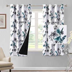 PrinceDeco 100% Blackout Curtains 2 Panels Set Cattleya Floral Printed Drapes Leah Floral Thermal Window Drapes for Bedroom Black Liner Sound Proof Curtains, Grey and Teal, W132cm x D160cm