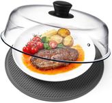 2 in 1, Glass Microwave Splatter Cover for Food & Microwave Place Mat, Plate Splatter Guard Lid with Easy Grip Silicone Handle Knob, Borosilicate Glass with Vent Hole, Food Grade, No Plastic, 10in