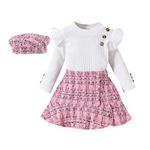 Miipat Toddler Girls Fall Winter Clothes Knit Button Tops Plaid Tweed Skirts Ruffle Pleated Skirt 3Pcs Long Sleeve Outfits(WhitePinkTweed,4-5T)