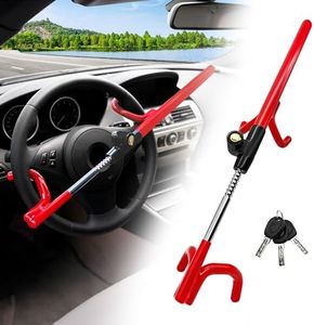 KAYCENTOP Steering Wheel Lock Anti Theft Device, Heavy-Duty Twin Hooks Car Lock Steering Wheel, Universal Wheel Locks for Cars, Trucks, SUVs, Vans, Red, 3 Keys