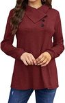 Bluetime Women's Fall Long Sleeve Cowl Neck Button Tunic Tops Lightweight Sweatshirts, Burgundy, Large