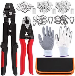 Swpeet 83Pcs Wire Rope Crimping Tool Set, Cable Crimps Up to 2.2mm and Cable Cutter Up to 5/32", 3 Size Aluminum Double Crimping Loop Sleeve, 2 Size Stainless Steel Thimble and Cut Resistant Gloves