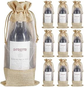 Jute Wine Bags, 10pcs Burlap Wine Bottle Gift Bags 750ml with Sheer Window Organza Hessian Drawstring Gift Bags for Wedding Festival Wine Tasting Party Favors (14 x 6.3 inches)