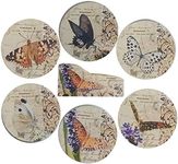 Coralpearl Coasters for 6 Drinks Absorbent with Wooden Holder, Round Wood Cup Mat Set Vintage Decorative Pads for Wine Tea Coffee Beverage Beer of Kitchen Office Bar Table Countertops (4" Butterfly)