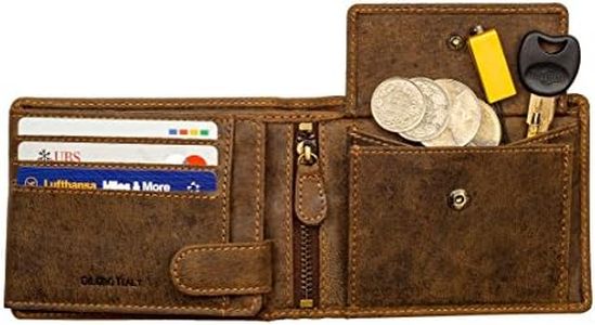 DiLoro Italy Full Size Mens Leather Wallet Bifold Flip ID Zip Coin Wallets with RFID Protection (Dark Hunter Brown With ID)